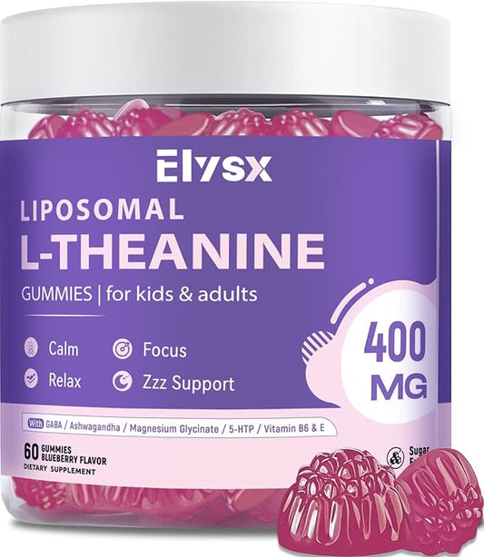 Liposomal L Theanine Gummies, Chewable L-Theanine 400mg with GABA Supplement for Kids & Adults, Stress Relief, zzZ and Relaxation, Focus Support, Natural Blueberry Flavor, 60 Count