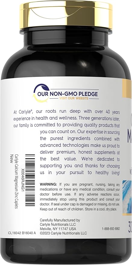 Carlyle Calcium Magnesium Zinc Vitamin D3 Supplement with Boron | 300 Caplets | Vegetarian, Non-GMO