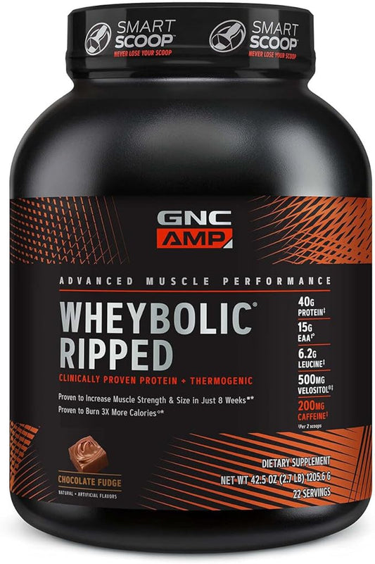 GNC AMP Wheybolic Ripped Protein Powder & Thermogenic Protein Supplement, Muscle Strength & Size, Energy & Endurance, 40g Protein, 6.2g Leucine, 15g EAA, Caffeine, Chocolate Fudge, 22 Servings