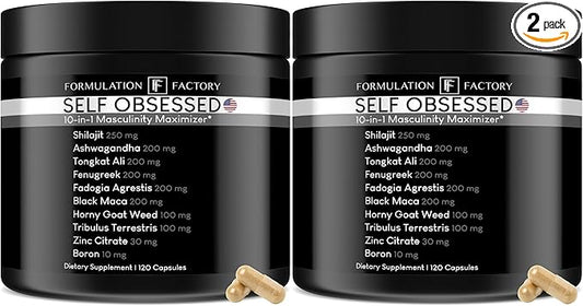 Self Obsessed 10 in 1 Masculinity Maximizer Supplement, Shilajit for Men, Tongkat Ali, Ashwaganda, Fenugreek & More, Muscle Growth, Energy Management, Strength, Recovery 4-Month Supply (Pack of 2)