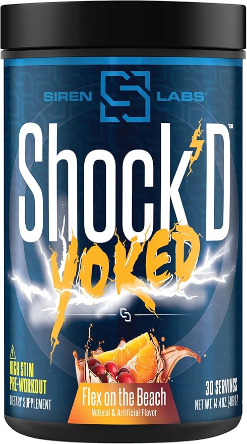 Siren Labs Shock’D Yoked High Stim Pre-Workout – Caffeine, Taurine, Citrulline Malate, Agmatine, Betaine Anhydrous–High Energy & Powerful Muscle Pumps-Nitric Oxide–Flex on The Beach (30 Servings)