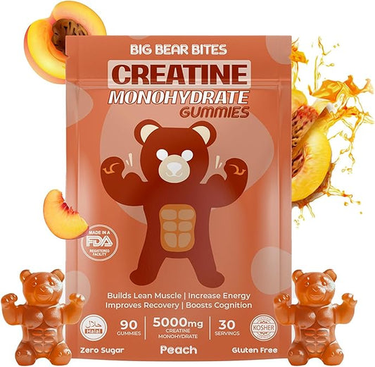 Creatine Monohydrate Gummies for Men & Women | 5000mg of Creatine Gummies per Serving | Sugar Free Gummies, Gluten Free & Halal | Pack of 90 Pre Workout Gummies for Muscle Recovery | Peach Flavor