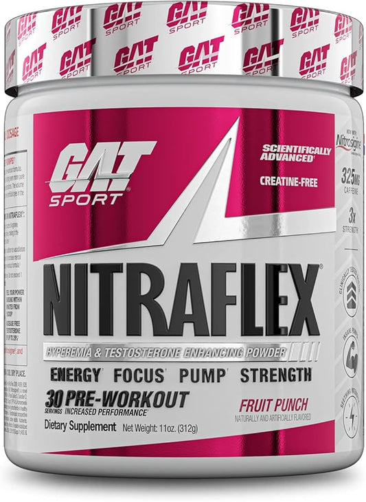 GAT SPORT Nitraflex Advanced Pre-Workout Powder, Increases Blood Flow, Boosts Strength and Energy, Improves Exercise Performance, Men & Women (Fruit Punch, 30 Servings)