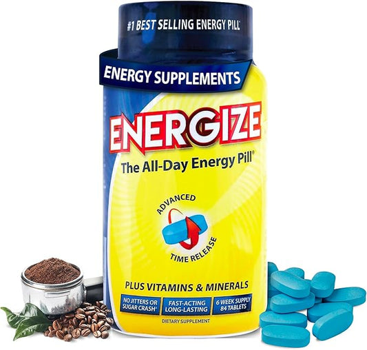 Energize Caffeine Pills, Fast Acting All Day Energy Pills & Natural Nootropics Support Supplement with Time Release Caffeine, Energy Support for Men and Women, No Jitters, No Crash (84 Tablets)