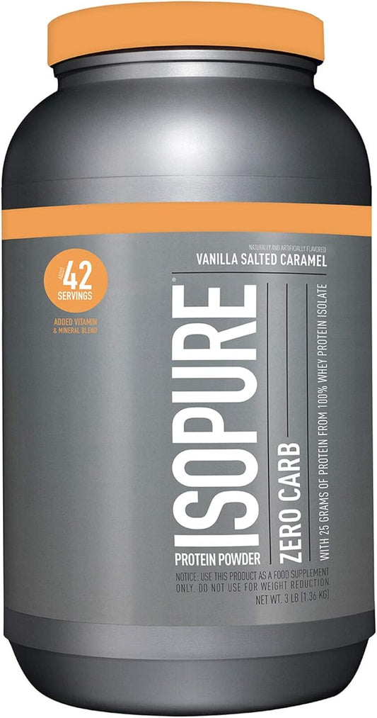 Isopure Zero Carb 100% Pure Whey Isolate Protein Powder, Lactose Free, Gluten Free, With Vitamins, Vanilla Salted Caramel, 25g Protein Per Serving, 3 Lbs, 42 Servings