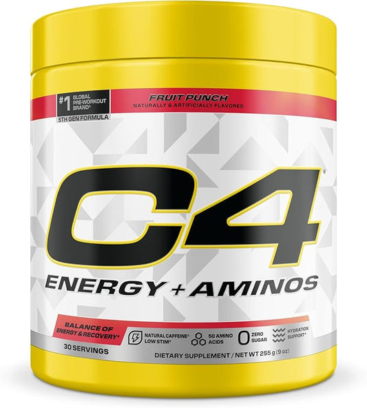 Cellucor C4 Energy + Aminos Powder | 5g BCAAs & EAAs for Muscle Recovery, 3 Electrolytes for Hydration, 100mg Natural Caffeine | Pre Workout | Zero Sugar, 30 Servings, Fruit Punch