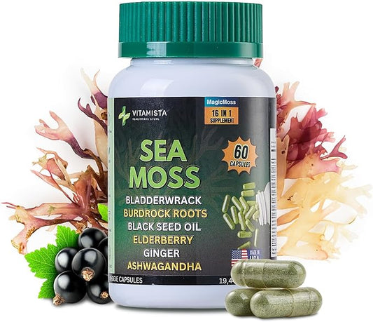 Sea Moss Capsules – 16-in-1 Sea Moss Supplement with Bladderwrack, Burdock Root, Black Seed Oil, Ashwagandha – Immune Support & Energy Booster – 60 Vegan Capsules (19445mg)