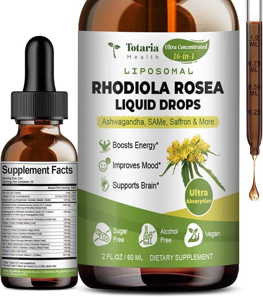 16-in-1 Liposomal Rhodiola Rosea Tincture, Ultra Strength Rhodiola Supplement w/Ashwagandha, Saffron, Magnesium, SAM-e, Rhodiola Rosea Extract Liquid Drops for Natural Relaxation, Mood, Energy