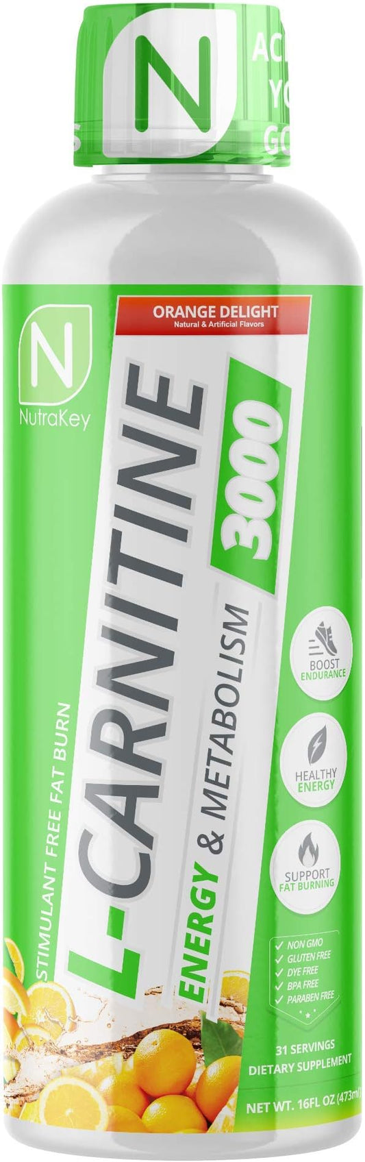 NutraKey L-Carnitine 3000mg, No Sugar, Gluten Free, Turn Into Fuel, (Orange Delight) 31 Servings