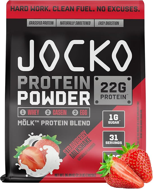 Jocko Fuel Mölk Whey Protein Powder 22g Low Sugar Monk Fruit Blend - Muscle Recovery & Growth, Packaging May Vary (31 Servings, Strawberry Milkshake)