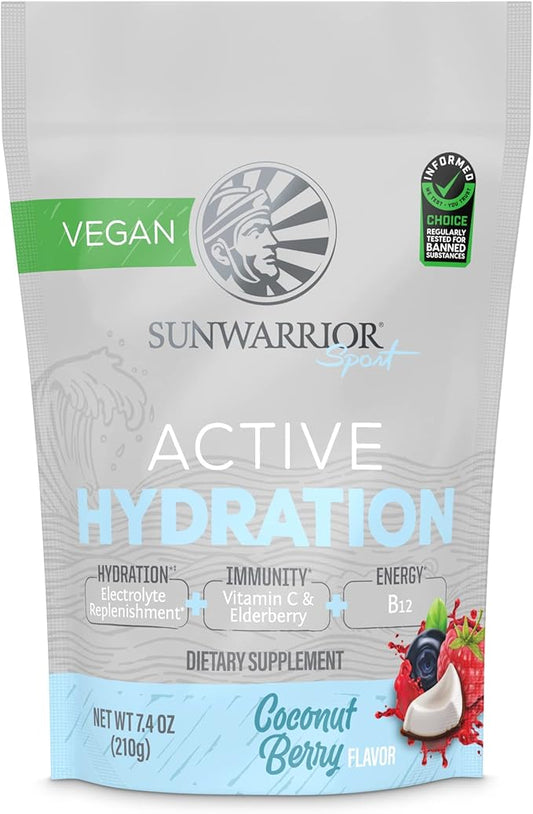 Sunwarrior Vegan Hydration Blend Electrolyes Supplement | Elderberry Coconut Water Real Salt Soy Free Sugar Free Synthetic Free Gluten Free Dairy Free | Coconut Berry 30 Servings | Active Hydration