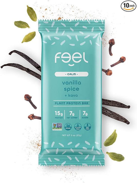 Feel Vegan Protein Bars | Vanilla Chai Bliss | Keto | Gluten Free | Organic | Kava | 15g Plant Protein | Low Carb | High Protein | Dairy Free | Low Sugar | Grain Free | Nut Free | Soy Free | Non GMO - (Coconut Chai 10 Pack)
