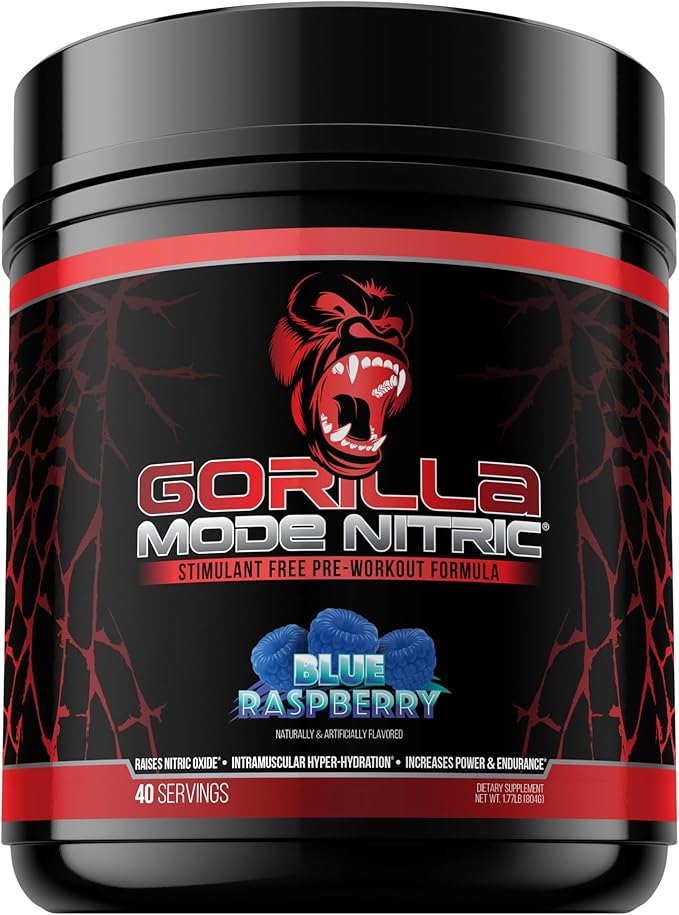Gorilla Mode Nitric Upgraded Stimulant Free Pre-Workout – Best Tasting and Most Effective Stimulant Free Pre-Workout/Massive Pumps · Vasodilation · Power / 804 Grams (Blue Raspberry)