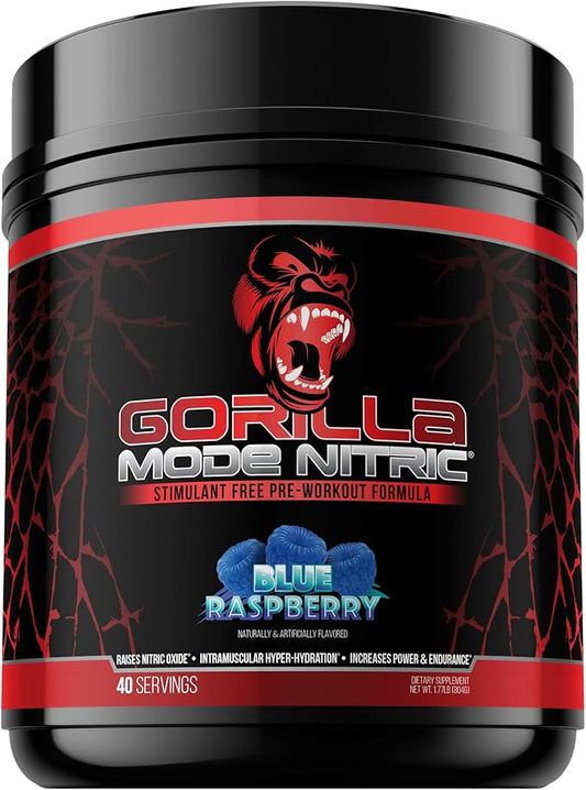 Gorilla Mode Nitric Upgraded Stimulant Free Pre-Workout – Best Tasting and Most Effective Stimulant Free Pre-Workout/Massive Pumps · Vasodilation · Power / 804 Grams (Blue Raspberry)