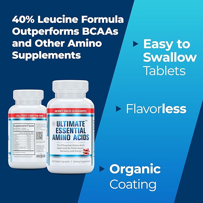 Ultimate 100% Essential Amino Acid Supplement - 150 Easy-to-Swallow, 1g Coated Tablets - All 9 EAA with 40% Leucine in Optimized BCAA Ratio - Increase Energy, Lean Muscle & Recovery - Keto & Vegan