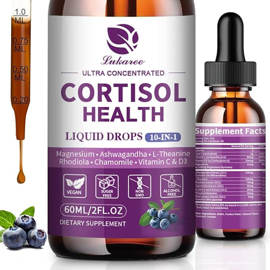 Cortisol Supplements for Women & Men, 10 in 1 Cortisol Detox Manager Reducer with Magnesium, Ashwagandha, L-theanine, Hormone Balance Liquid Drops - Mood, Focus, Sleep - 2 FL.OZ, Blueberry Flavor