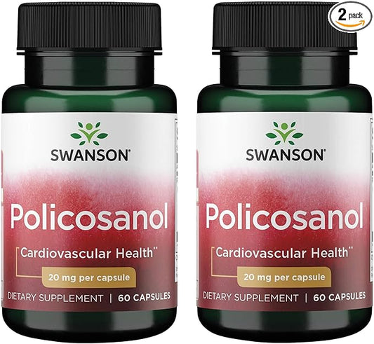 Swanson Policosanol - Supplement Helps Support Cardiovascular Health - All Natural Formula Aids Good Heart Health & Function - Helps Maintain Healthy Cholesterol Levels (60 Capsules, 20mg each) 2 Pack