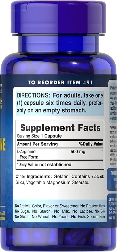 Puritan's Pride L-Arginine 500 mg, Heart Health Support, 100 Count (Pack of 2)