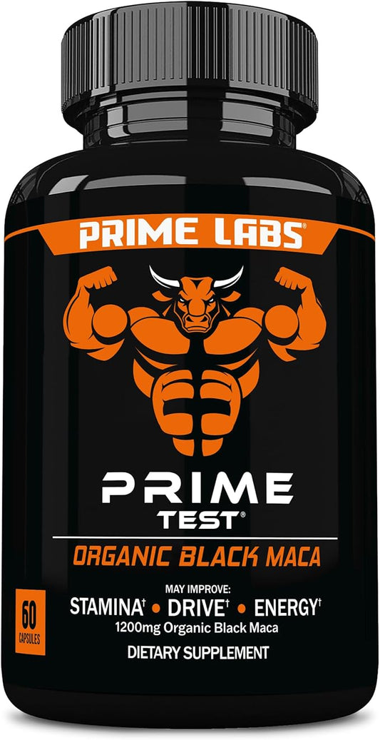 Prime Labs Organic Black Maca Root Capsules 1,200mg - Stamina, Drive, Energy, Vitality - Peruvian 20:1 Extract - for Men & Women - 60 Count