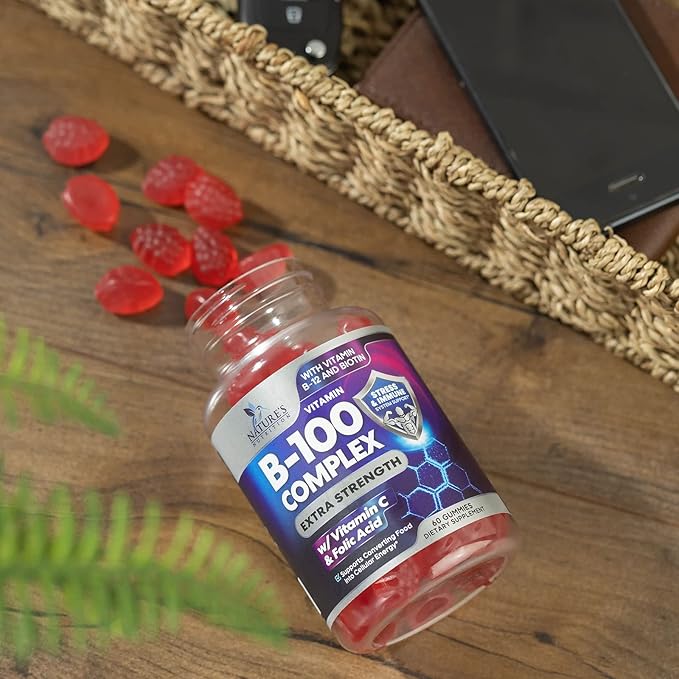 B Complex Gummy with Vitamin C & Folic Acid, Extra Strength Vitamin B Gummies Supplement with Niacin, B6, Folic Acid, Super B12, Biotin, Nature's Energy Immune Support Supplements - 60 Gummies