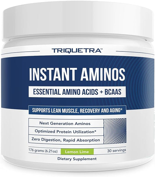 Triquetra Health Instant Aminos - EAA+BCAA - 10 Essential Amino Acids Supplement, Rapid Absorption, Zero Digestion - Supports Lean Muscle & Aging - 321% DIAAS Protein Score - Lemon Lime (30 Servings)