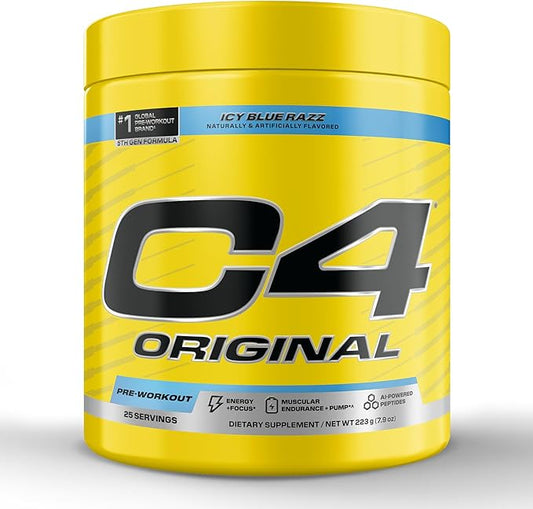 Cellucor C4 Original Pre Workout – Pre-Workout for Endurance, Focus & Performance with 200mg Caffeine, Beta-Alanine, Creatine Nitrate, L-Arginine & PeptiPump – Sugar Free, 25 Servings, ICY Blue Razz