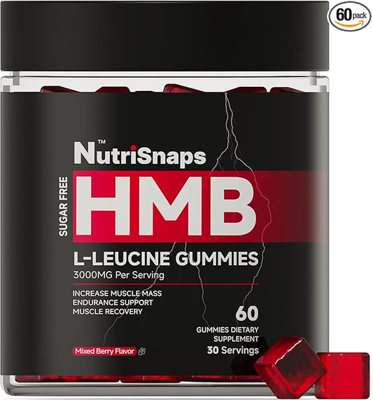 Sugar Free HMB and Leucine Gummies, HMB and Leucine Amino Acid Supplements for Men Women, with CoQ10, Rhodiola Rosea for Muscle Growth and Fast Workout Recovery, Vegan, Mixberry Flavor, 30 Servings