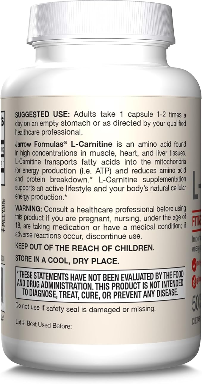 Jarrow Formulas® L-Carnitine 500 mg, Dietary Supplement, Support for Cellular Energy Production, 50 Veggie Capsules, 50 Day Supply