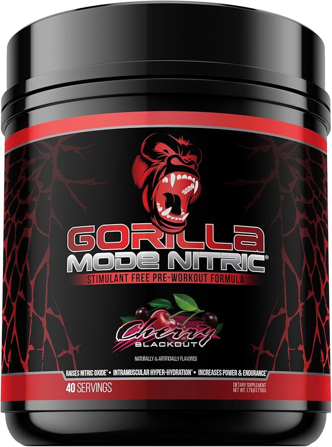 Gorilla Mode Nitric Upgraded Stimulant Free Pre-Workout – Best Tasting and Most Effective Stimulant Free Pre-Workout/Massive Pumps · Vasodilation · Power / 776 Grams (Cherry Blackout)