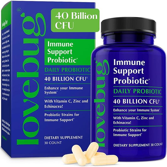 lovebug PROBIOTICS Immune Support Daily Probiotic for Men & Women, 40 Billion CFU & 6 Strains, Includes Vitamin C, Zinc & Echinacea, 30 Capsules, Vegan & Non-GMO