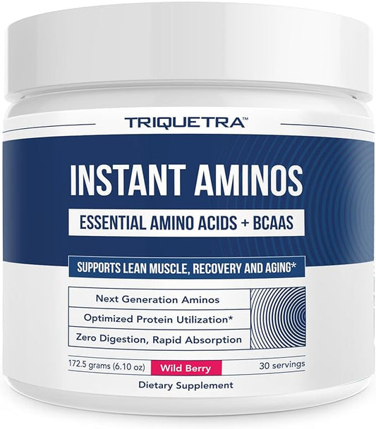 Triquetra Health Instant Aminos - EAA+BCAA - 10 Essential Amino Acids Supplement, Rapid Absorption, Zero Digestion - Supports Lean Muscle & Aging - 321% DIAAS Protein Score - Wild Berry (30 Servings)