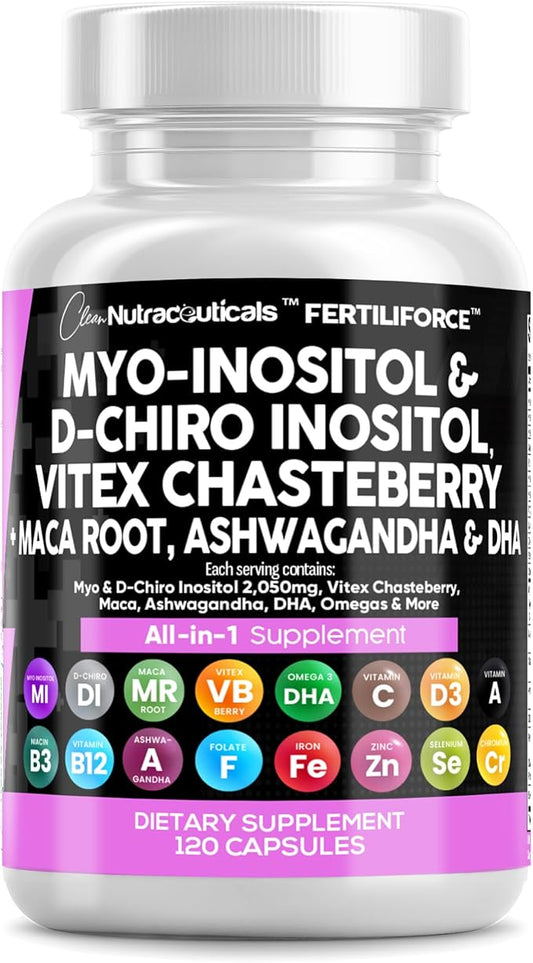 Clean Nutraceuticals Myo-Inositol & D-Chiro Inositol 2050mg Fertility Supplement 40:1 Ratio - Prenatal Vitamins for Women with Ashwagandha Maca Root Vitex Chasteberry Iron DHA Folic Acid DIM Zinc (1)