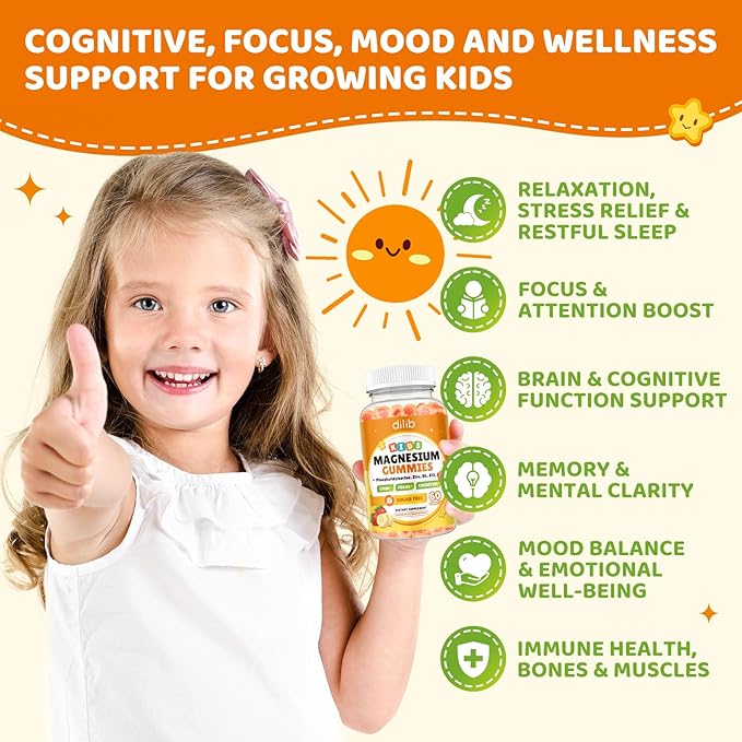 Magnesium Glycinate Gummies for Kids, Brain Supplement for Memory and Focus with Phosphatidylserine, L-Theanine, Zinc for Kids & Adults Sleep Cognition Calm, Strawberry & Banana Flavor 60ct