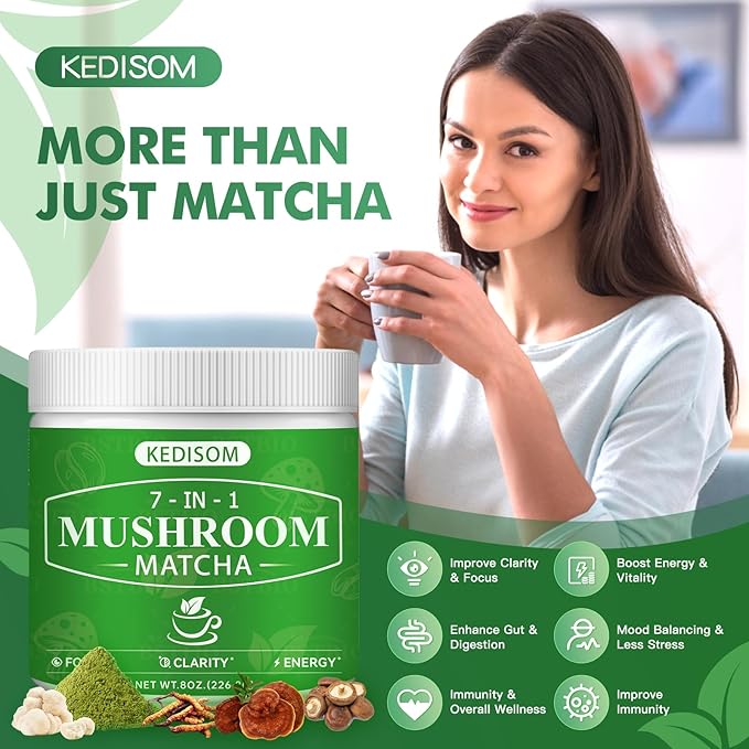 Mushroom Matcha 8 Oz | Ceremonial-Grade Japanese Matcha with 7 Adaptogenic Superfood Mushrooms, MCT Oil, Coconut Milk Powder, Natural, Gluten Free, Instant Powder for Energy, Focus, Digestion, Immunity, 45 Servings