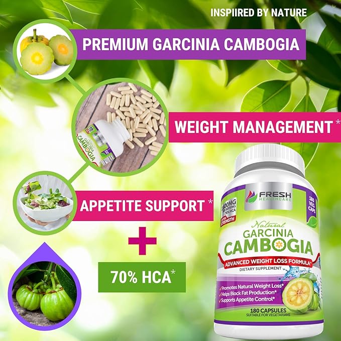 FRESH HEALTHCARE 100% Pure Garcinia Cambogia Extract - All Natural Appetite Suppressant & Weight Management Support - 180 Capsules