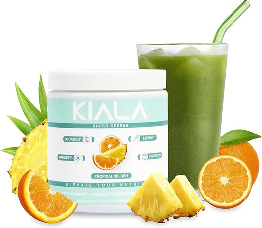Kiala Nutrition Super Greens, Organic Greens Powder with Spirulina & Chlorella for Digestion, Gut Health, Immunity & Energy, Gluten Free, Vegan, Daily Support for Women, Tropical Splash, 30 Servings