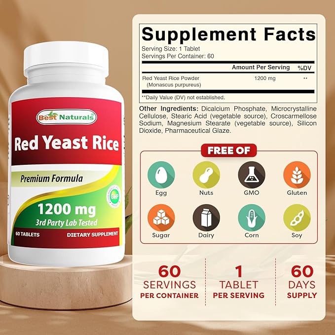 Best Naturals Red Yeast Rice 1200 Mg Tablet for Healthy Cholesterol Level, 60 Count (Pack of 6)