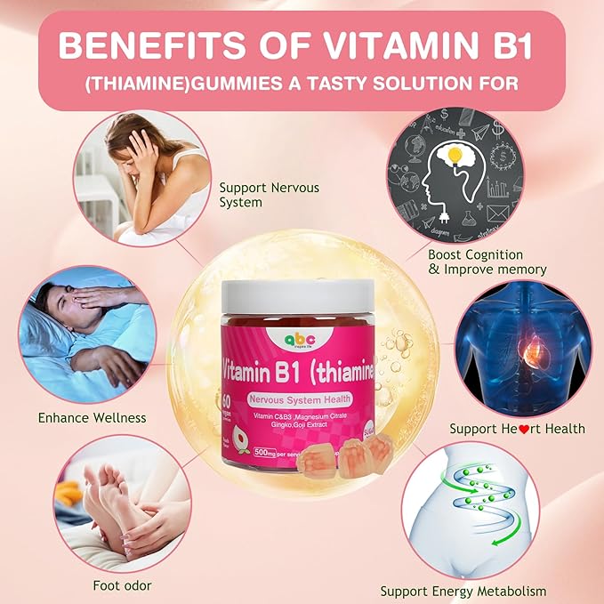 Vitamin B1 Gummies Chewable Thiamine 500mg & Vitamin B3 & Vitamin C,Sugar Free - Non GMO,Vegan,Natural Peach Flavor - Thiamine B1 Supplement for Adults & Kids