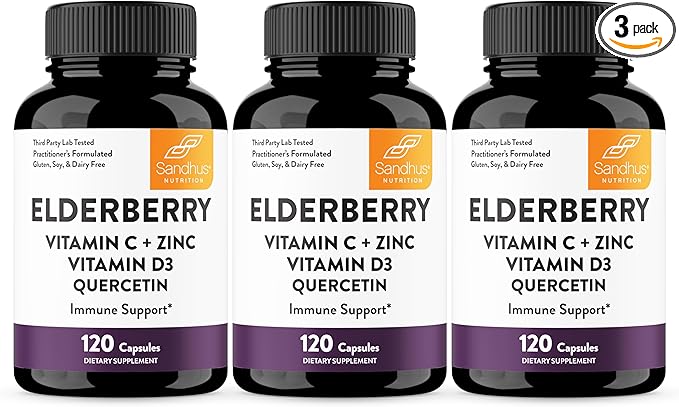 Sandhu's Elderberry Vitamin C & Zinc with Quercetin Capsules for Men & Women | Supports Immune Health | 120 Count (Pack of 3)