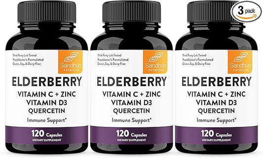 Sandhu's Elderberry Vitamin C & Zinc with Quercetin Capsules for Men & Women | Supports Immune Health | 120 Count (Pack of 3)