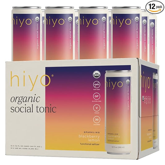Hiyo Organic Social Tonic - Blackberry Lemon, 12 Pack - N.A. Functional Seltzer, Sparkling Water Crafted with Organic Adaptogens, Nootropics & Botanicals