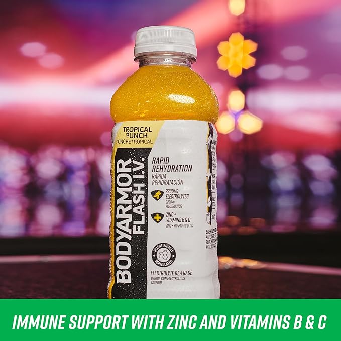 BODYARMOR Flash I.V. Electrolyte Beverage, Tropical Punch, Hydration Drink with Coconut Water For Rapid Rehydration, Post Workout Recovery, 20 Fl Oz (Pack of 12)