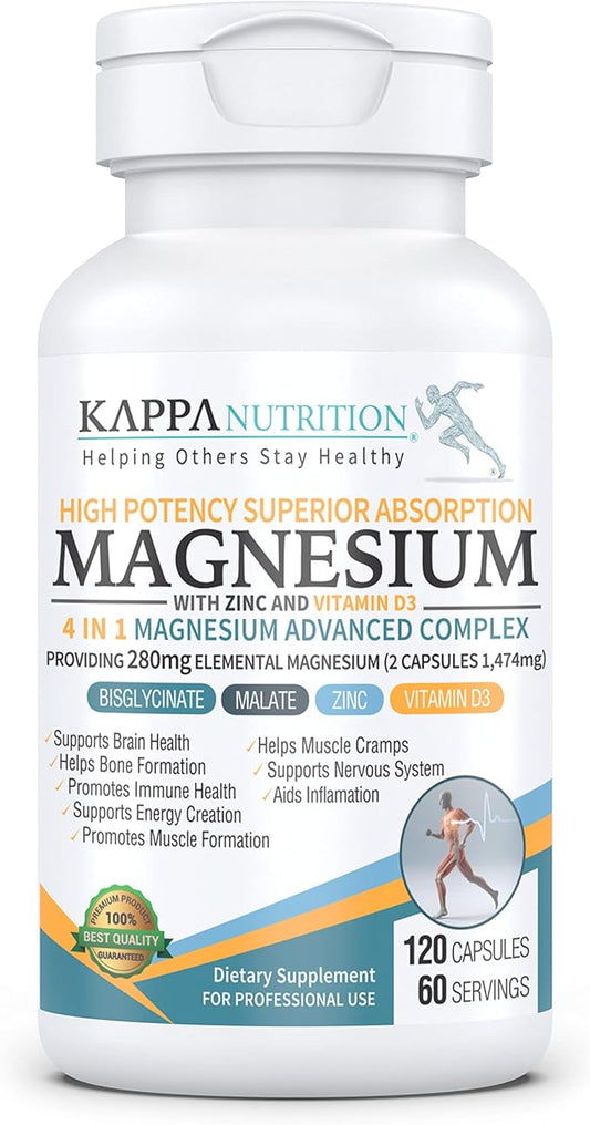 (120 Capsules), Glycinate, Bisglycinate, Malate, Zinc, Vitamin D3 for Brain, Sleep, Cramps, Headaches, Energy, Bones, Immune, Providing 280mg Elemental Magnesium, from KAPPA NUTRITION