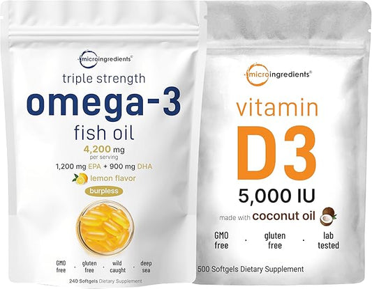 Micro Ingredients Omega-3 Fish Oil 4,200mg & Bundle Pack & Vitamin D3 5,000 IU Bundle Pack | Wild-Caught Fish, Lemon Flavored, Burpless | Vitamin D as Cholecalciferol