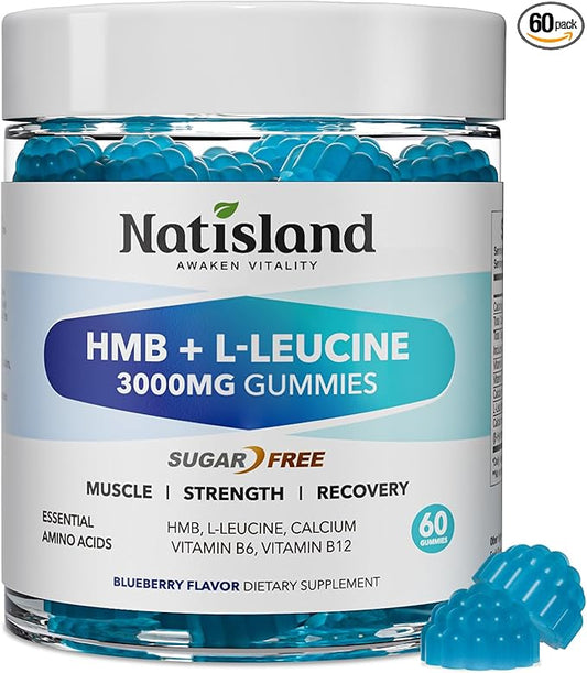 HMB and L-Leucine Gummies, HMB and Leucine Amino Acid Supplements for Men & Women, Muscle Mass & Strength, Muscle Recovery & Health, Sugar-Free, Vegan, Blueberry Flavor, 60 Count