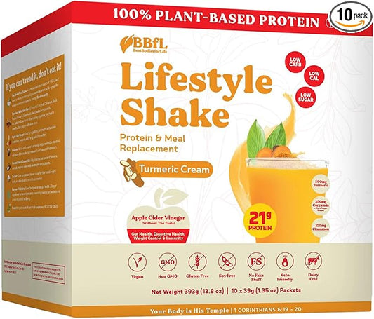 Meal Replacement Shakes, 21g Protein, Vegan Plant Based Protein Powder, ﻿Digestive Enzymes, All in One Shake (10 Servings, Turmeric Curcumin Cream)