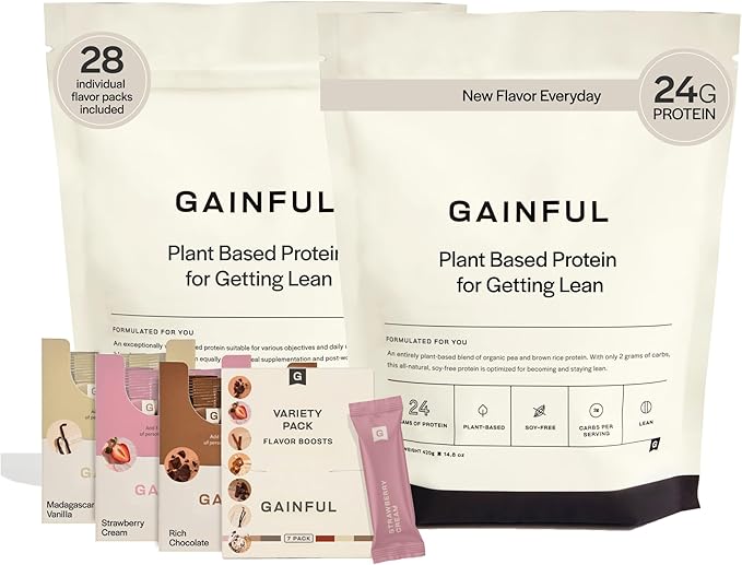 Gainful Vegan Protein Powder Get Lean Bundle, Meal Replacement, Post Workout Support, Organic Rice + Pea Protein, Unflavored w/Chocolate, Vanilla, Strawberry & Variety Pack Flavor Boosts, 28 Servings