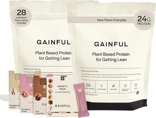Gainful Vegan Protein Powder Get Lean Bundle, Meal Replacement, Post Workout Support, Organic Rice + Pea Protein, Unflavored w/Chocolate, Vanilla, Strawberry & Variety Pack Flavor Boosts, 28 Servings