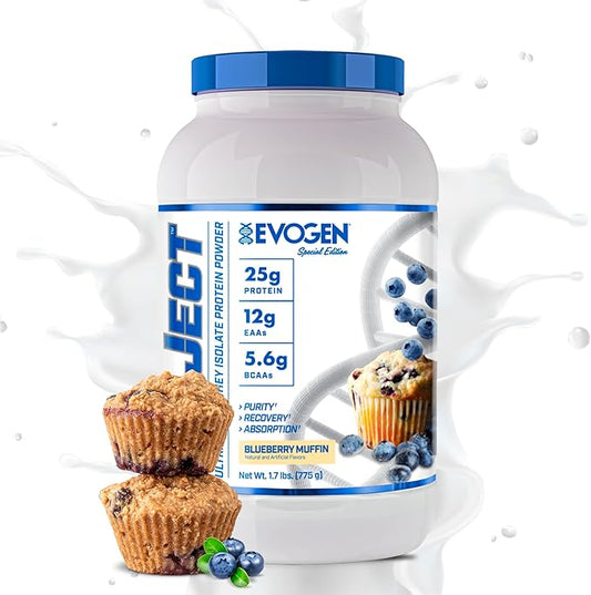 Evogen Isoject - Whey Protein Isolate | Ultra-Pure Whey Protein Powder with Ignitor Enzymes, BCAAs, and EAAs | Enhanced Absorption & Recovery | Blueberry Muffin | 25 Servings