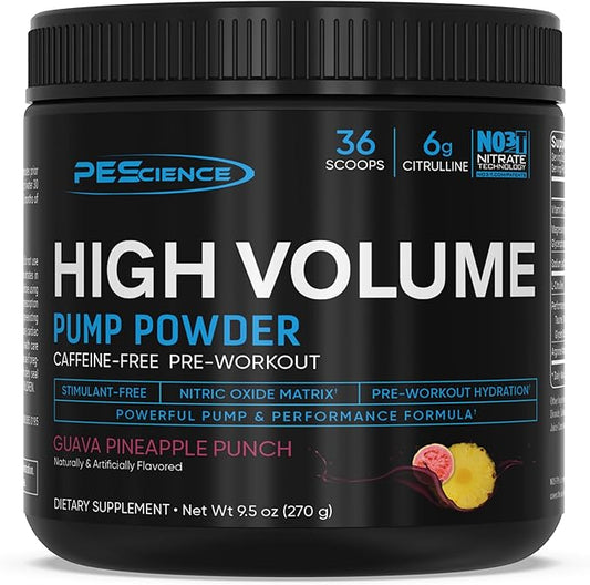 PEScience High Volume Stim-Free Pre Workout, Nitric Oxide Booster with L Citrulline & L Arginine Nitrate, Non-Stim Preworkout for Men and Women, 36 Scoops, Guava Pineapple Punch